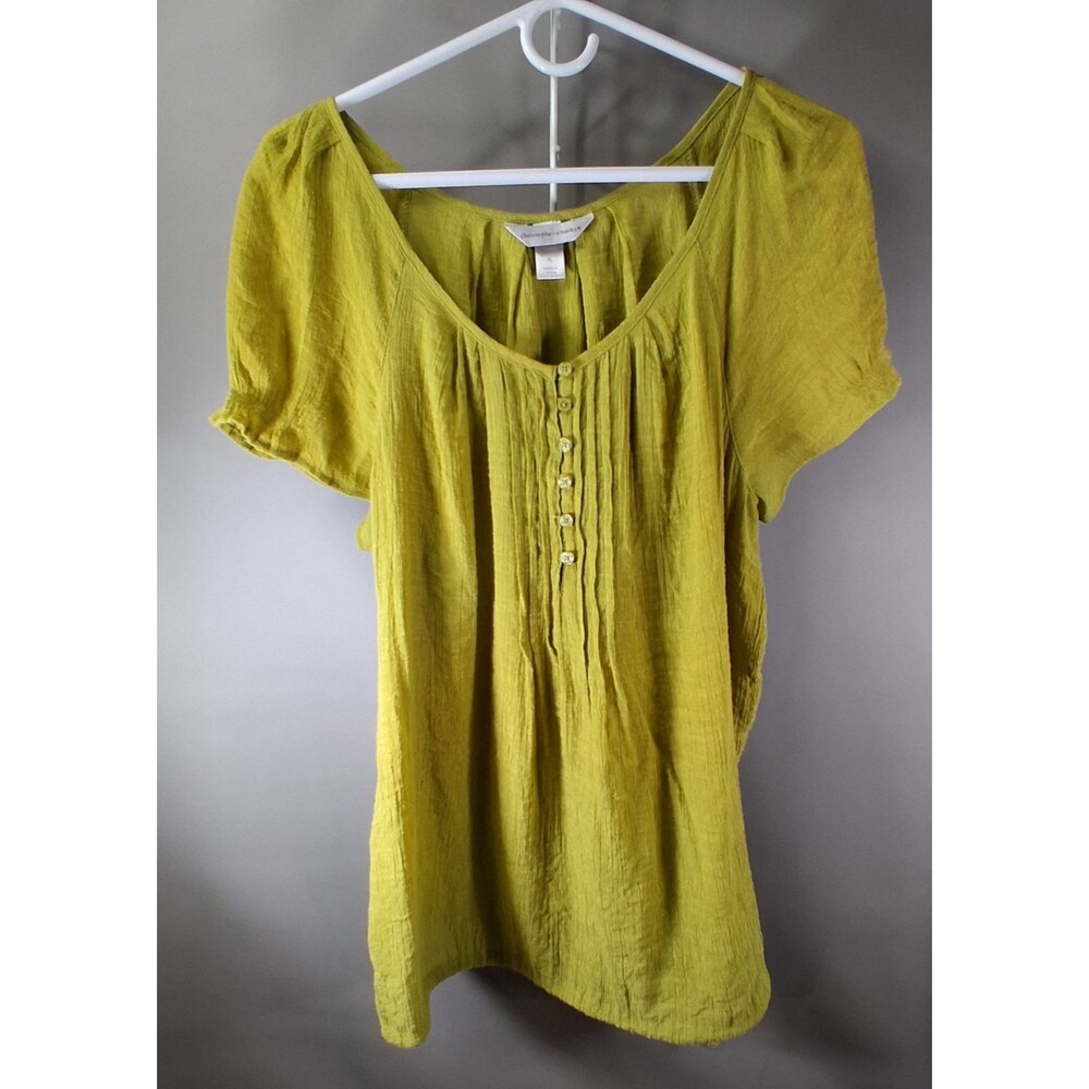 Christopher & Banks XL Boho Gauze Pintuck Top Chartreuse Green Cottagecore